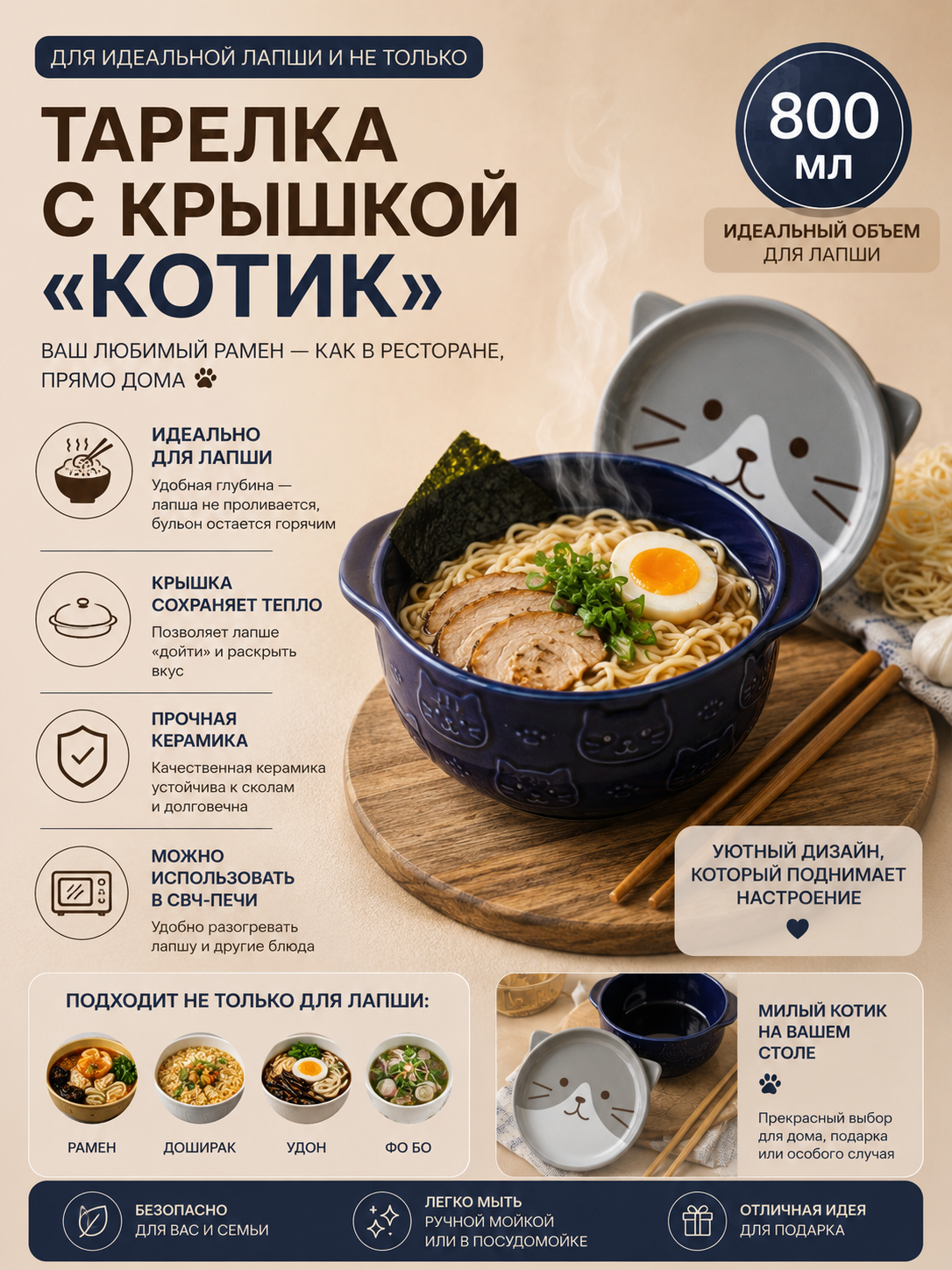 Тарелка с крышкой Котик синяя